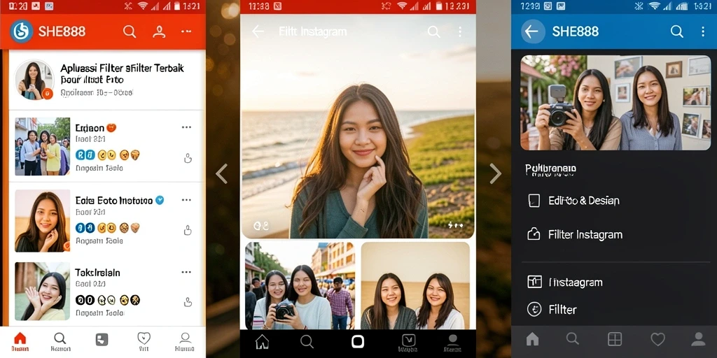Tampilan antarmuka aplikasi SHE888 untuk filter Instagram yang menarik.